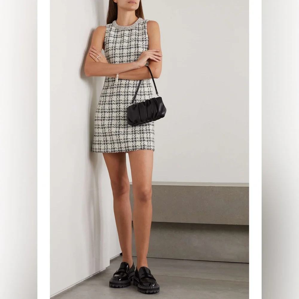 NWT Alice Olivia Clyde Crystal Embellished Checked Tweed Dress